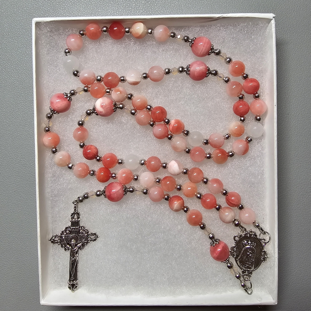Large One Of A Kind Hand Crafted Rosary Made With Peach And White Jade